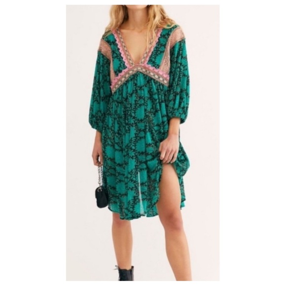 Free People Moon Child Maxi Top Size Small Green Bohemian Flowy Crochet Trim - Picture 1 of 13